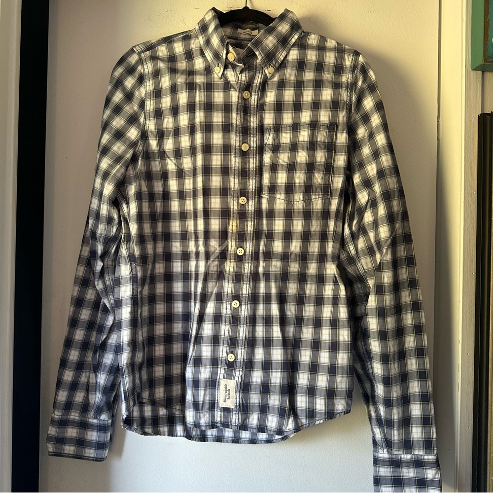 Abercrombie & Fitch Navy Blue and White Checkered Button Down Shirt size medium
